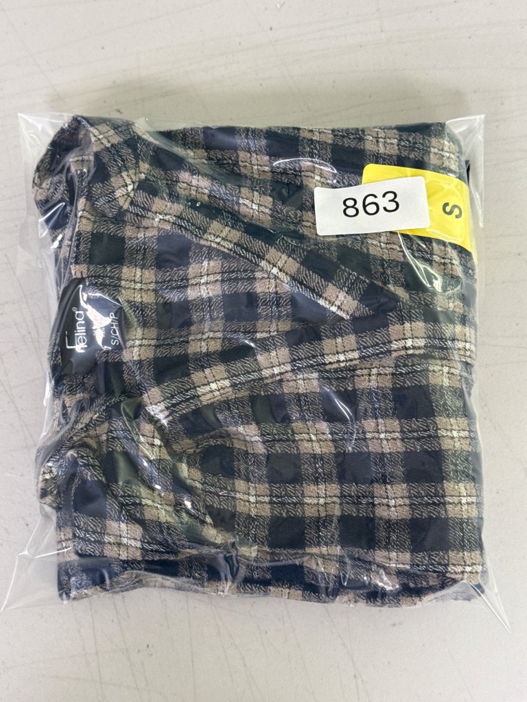 Felina Womens Tan & Navy Plaid Long-Sleeve Blouse S — image 5 of 5